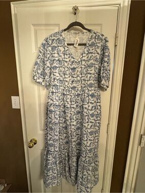 Uncle Frank White Maxi Dress with Blue Floral Grid